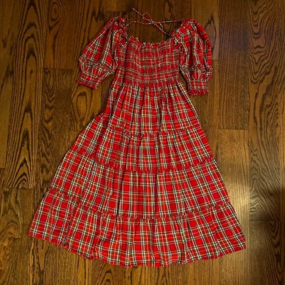 HILL HOUSE HOME Nesli Nap Midi Dress Red Tartan Plaid Size Small - Picture 1 of 4
